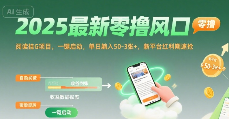 20250801060752-688c59b81307d.jpg 2025最新零撸风口,阅读挂G项目,一键启动,单日躺入 50-3张+,新平台红利期速抢【揭秘】