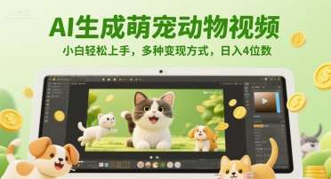 AI生成萌宠动物视频，小白轻松上手，多种变现方式，日入4位数