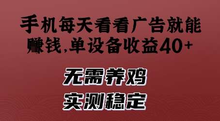 手机每天看看广告就能挣钱，单设备收益40+，无需养鸡，实测稳定