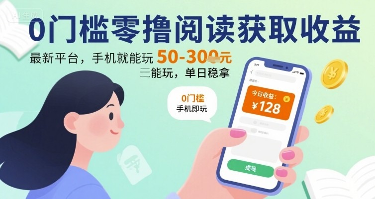 0门槛零撸阅读获取收益：最新平台，手机就能玩，单日稳拿 50-3张【揭秘】